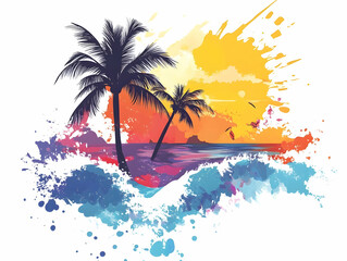 Abstract summer background with palm trees, colorful waves, and splash elements. 