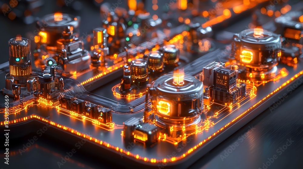 Poster detailed view of a futuristic robotic assembly line with intricate glowing electronic circuits advan