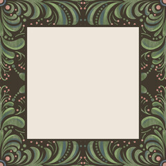 Scandinavian ethnic pattern frame of textured floral elements in red, blue and green on a dark brown background