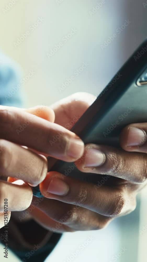 Poster planning, phone and hands of business person in office for email response, connection and client fee