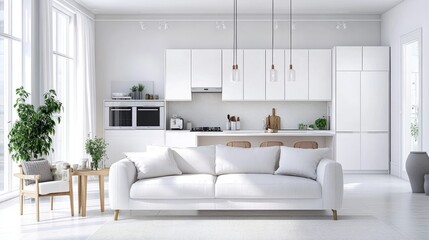 Stylish living room flowing into a bright white kitchen, featuring a sophisticated open-plan design.