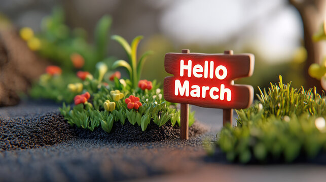 An inspiring springtime scene featuring a sign reading Hello March set against budding greenery and