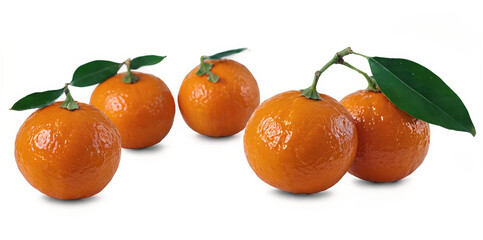 Fresh Oranges with Green Leaves, isolated on transparent background cutout