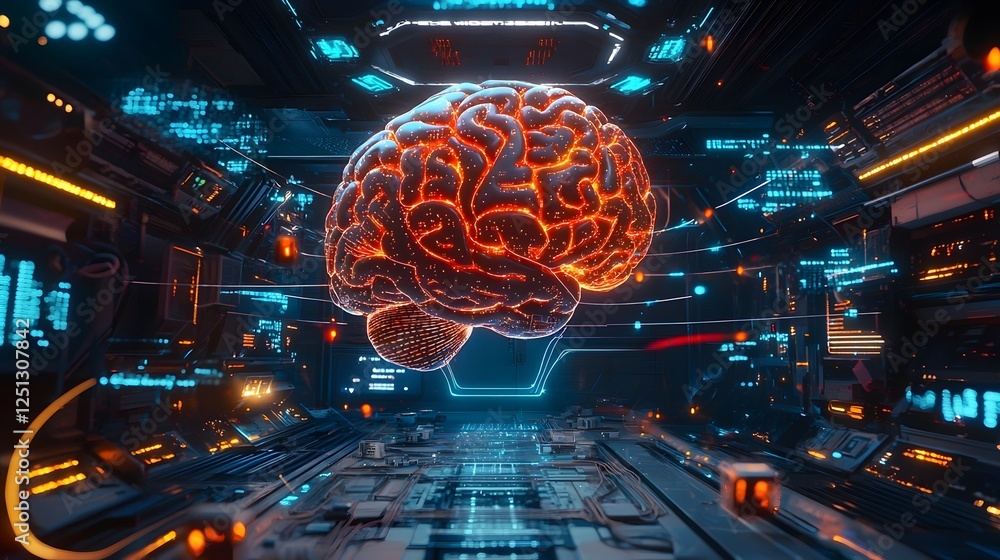 Poster holographic robotic brain surrounded by abstract data streams and lights in futuristic digital visua