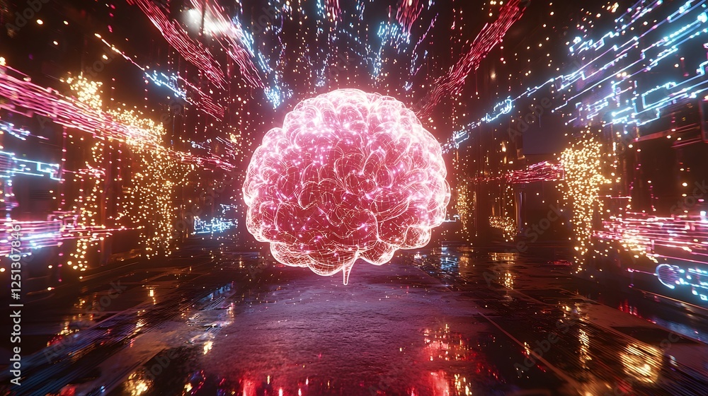 Poster a holographic futuristic depiction of an intelligent robotic brain surrounded by a captivating displ
