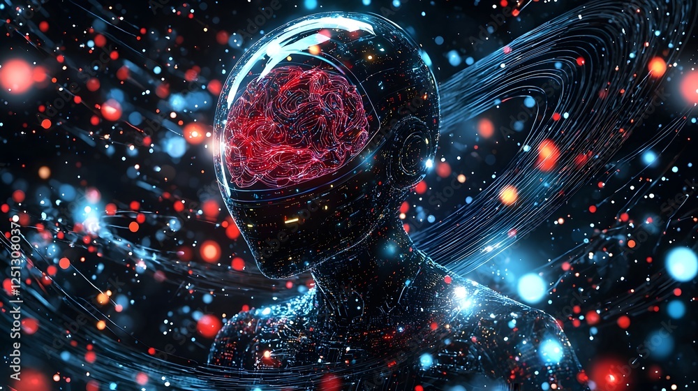 Poster holographic robotic brain surrounded by abstract digital data streams and glowing lights futuristic 