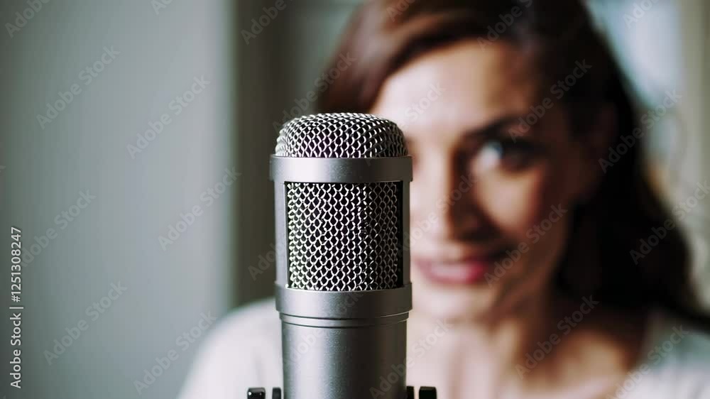 Poster Professional female content creator recording podcast audio, smiling confidently while speaking into microphone in modern studio setting, capturing dynamic slow motion performance