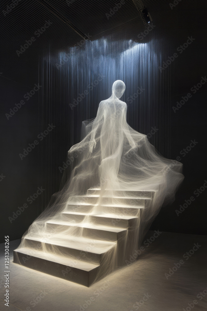 Poster an ethereal display of light and structure, with a delicate wire form advancing along impossibly