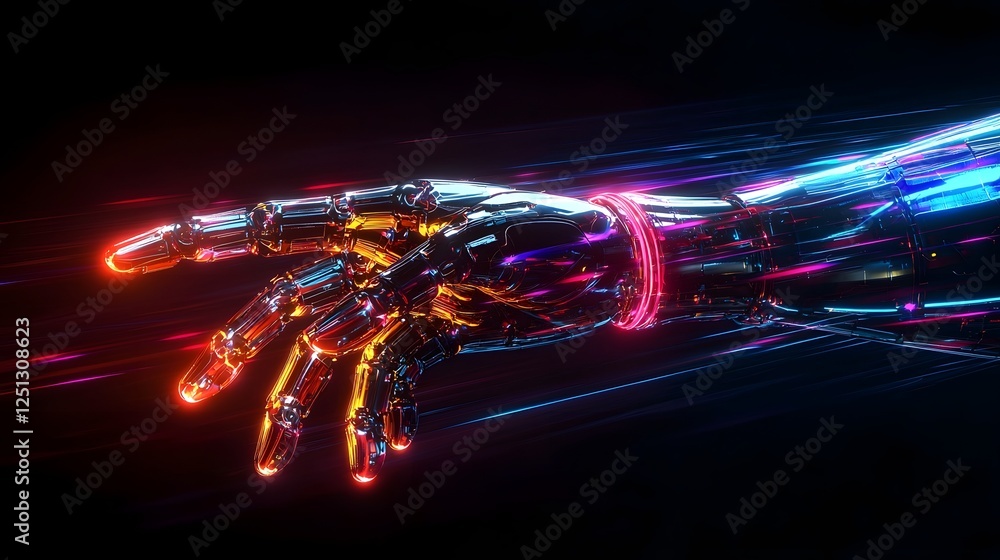 Poster abstract robotic arm design with luminous neon light trails flowing dynamically against a dark futur