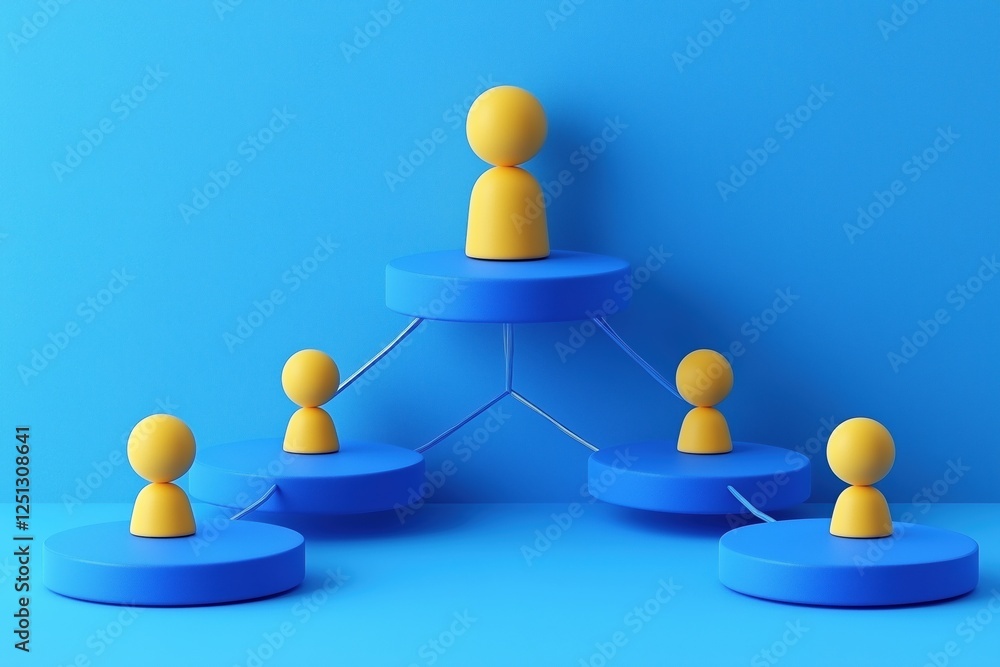 Poster a 3d illustration depicting a hierarchical structure with a central figure on a raised platform surr