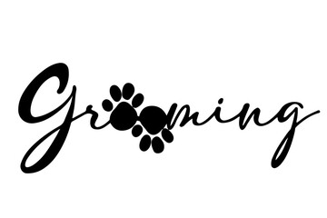 Vector of the word 'Grooming' with dog paws replacing the two letters 'O'