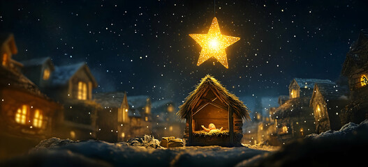 Naklejka premium A bright star shines above the manger in an ancient village