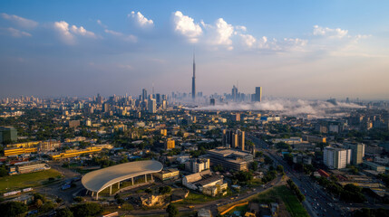 Fototapeta premium bustling city skyline with smog filled skies and thick air pollution