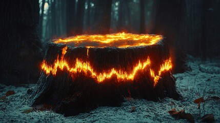 Enchanting Glowing Tree Stump in Mysterious Forest Nature Photography Magical Atmosphere Low Angle Fantasy Concept