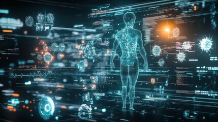 A digital hologram of the immune system, showing interconnected defense mechanisms against pathogens. The futuristic dark background represents advanced medical technology. 