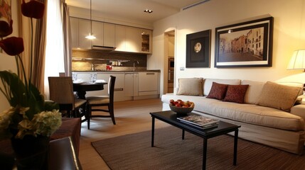 Stylish small apartment with an open living area, compact kitchen, cozy dining nook, and comfortable sofa, maximizing space.