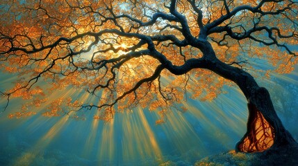 Majestic Sunlit Autumn Tree Glowing in Golden Light Forest Nature Photography Tranquil Environment Low Angle Serenity