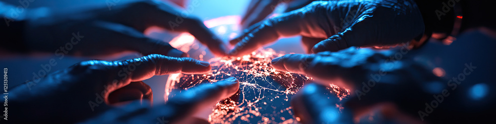 Poster hands interacting with illuminated network sphere