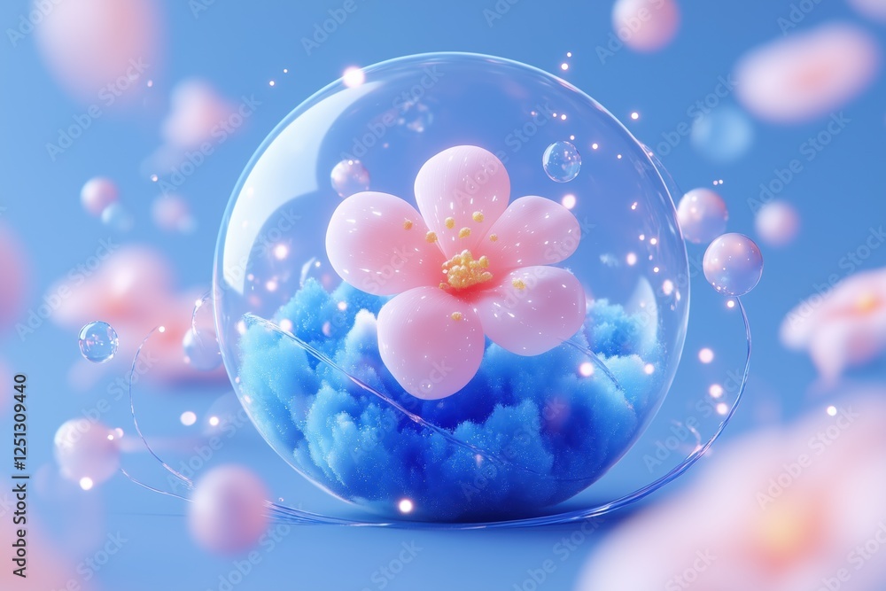Poster a delicate pink flower encased in a transparent bubble, resting on a soft blue cloud. surrounding th
