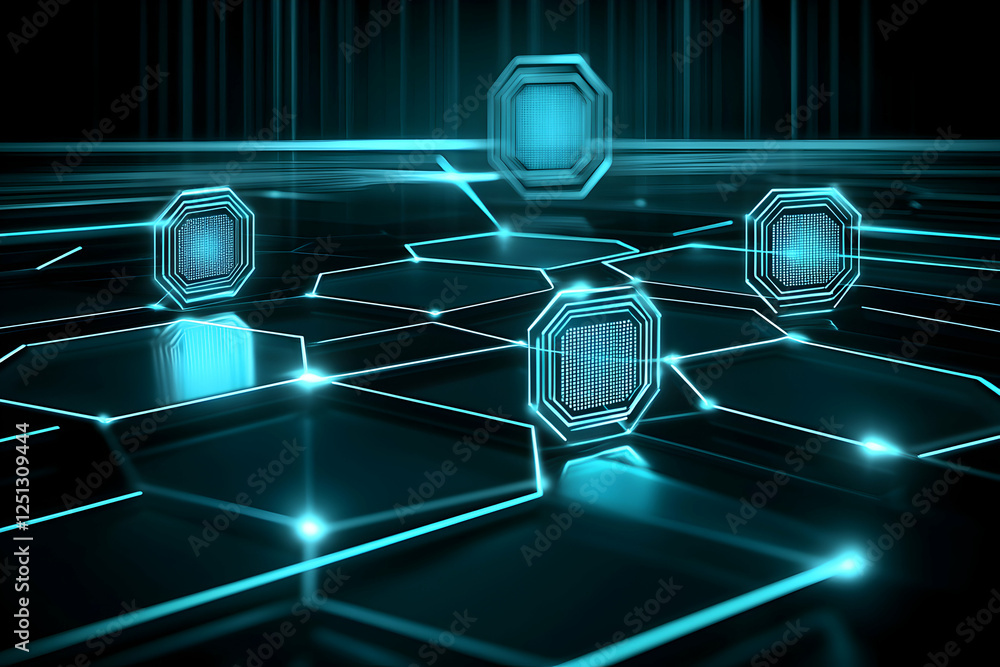 Aufkleber abstract digital network background with glowing hexagons and nodes. ideal for tech, ai, and futuris