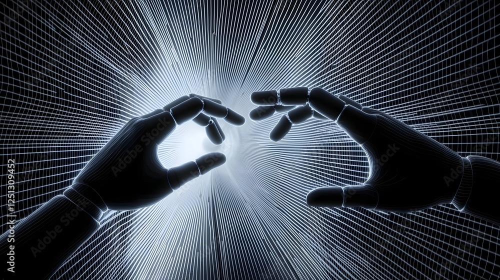 Poster robotic hands reaching out to touch digital interfaces and controls in an abstract futuristic 3d ren