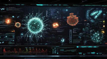 A digital hologram of the immune system, showing interconnected defense mechanisms against pathogens. The futuristic dark background represents advanced medical technology. 