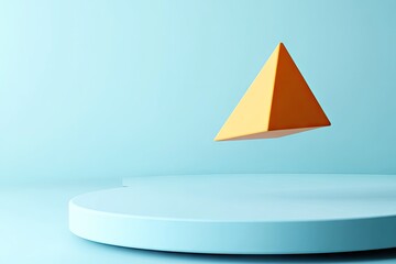 Fototapeta premium Orange pyramid hovers above light blue platform against pastel background; 3D render for product display