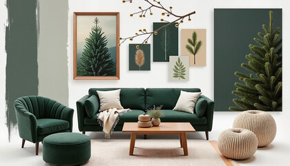 Green themed living room with tree prints and modern furniture