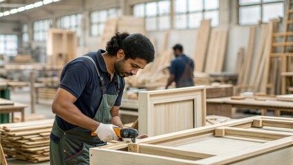 Portrait of Indian Factory Worker in Furniture Manufacturing – A worker crafting or assembling wooden furniture, with tools and wood materials visible in the background.