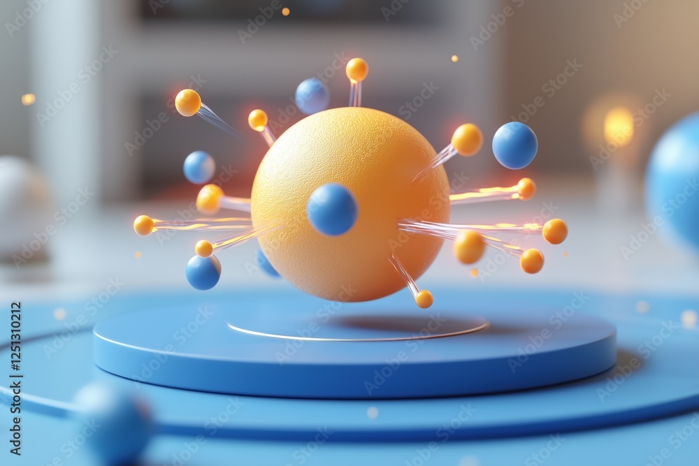 Aufkleber a colorful 3d representation of an atom, featuring a central yellow sphere surrounded by smaller blu