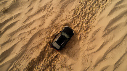 car navigating through desert sand, showcasing vast landscape and tire tracks