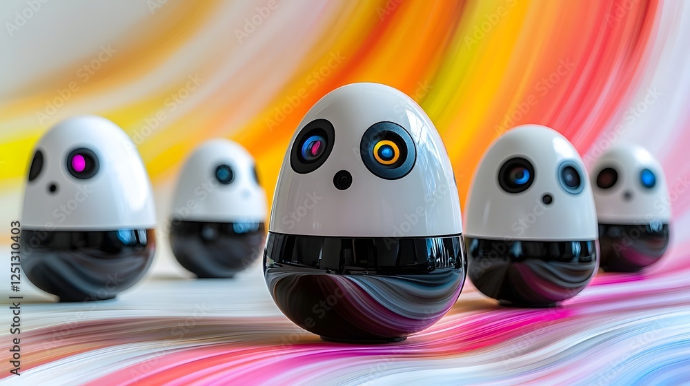 Poster robotic sensors and devices moving and interacting against a vibrant abstract and flowing digital ba