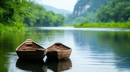 Obraz premium Traditional wooden boats float peacefully on calm river surrounded by lush greenery