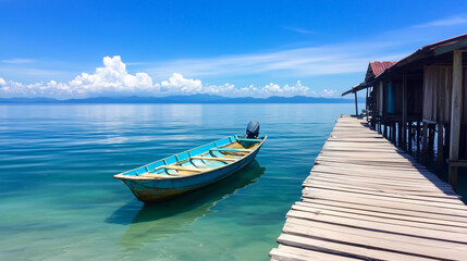 Naklejka premium serene fishing village with boat docked under clear blue sky in Malaysia