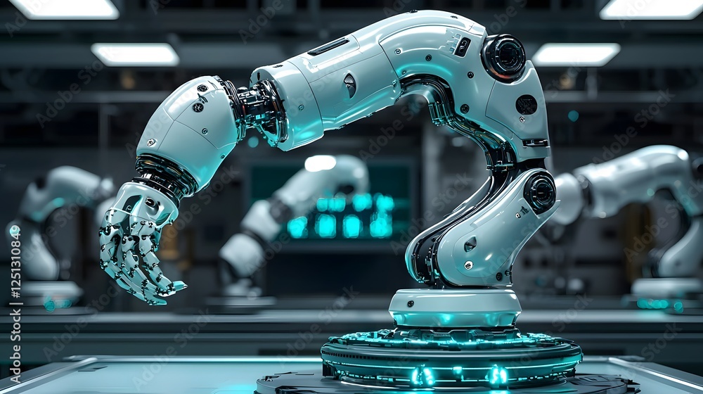 Poster dynamic motion of robotic arms performing various tasks in a sleek futuristic and technologically ad