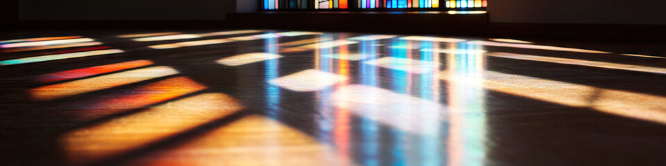 Multicolored Light Patterns Projected on Polished Wood Floor from Stained Glass Window