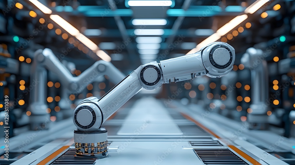 Poster robotic arms moving with dynamic motion in an abstract futuristic industrial environment showcasing 
