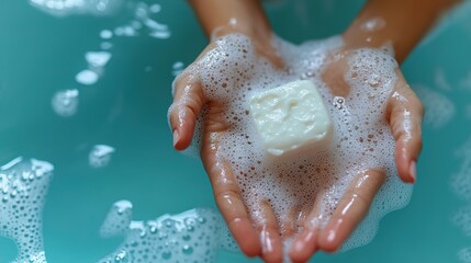 Fototapeta premium Above, an overhead close-up view photo of a teen girl using white solid cream soap for washing her hands. She has sensitive skin, isolated over a blue background.