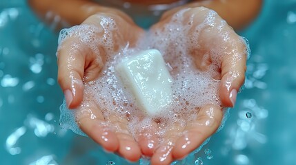 Fototapeta premium Above, an overhead close-up view photo of a teen girl using white solid cream soap for washing her hands. She has sensitive skin, isolated over a blue background.