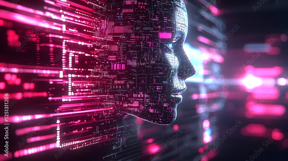 Poster robotic faces and abstract data grids merging into a futuristic design visualization of intelligence