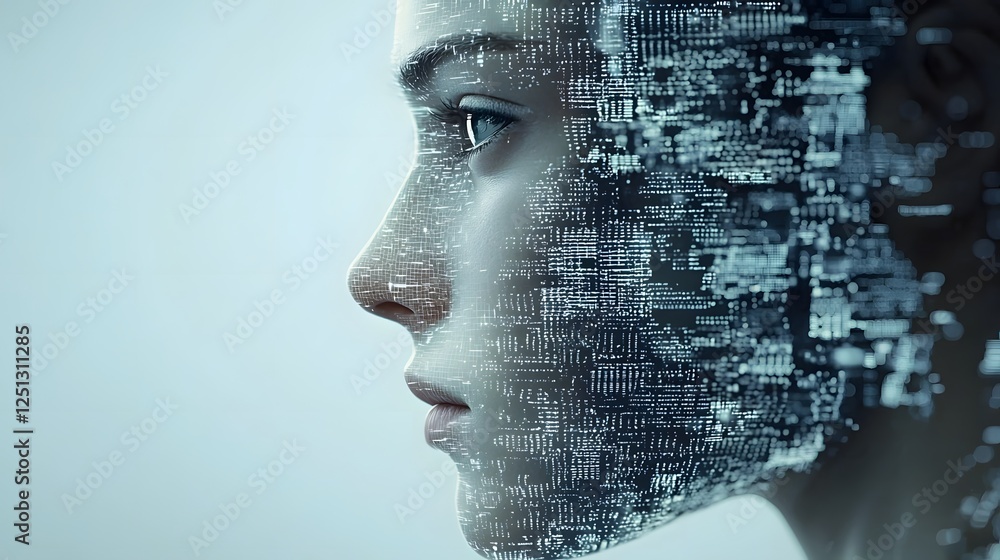 Poster robotic face profile merging with abstract data grid in a futuristic digital composition representin