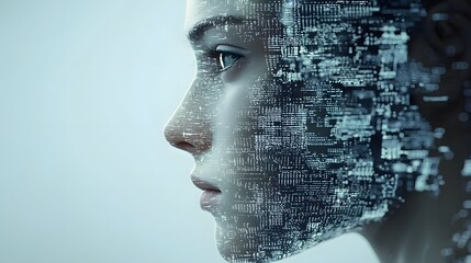 Robotic face profile merging with abstract data grid in a futuristic digital composition representing the convergence of intelligence and digital visualization