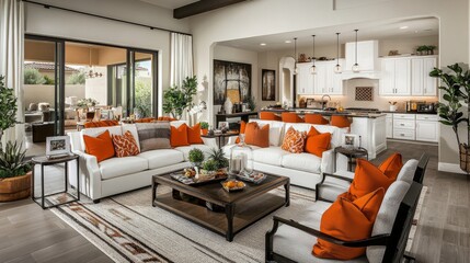 Warm and inviting living room with a seamless transition into a bright and spacious kitchen
