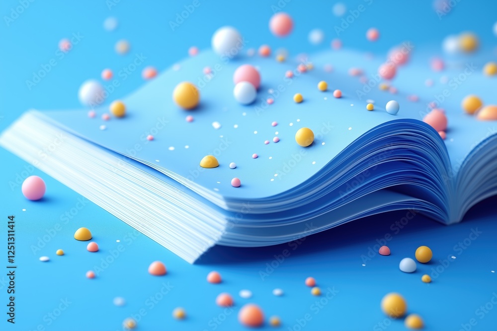 Poster an open book with blue pages surrounded by colorful spheres and dots on a blue background, creating 