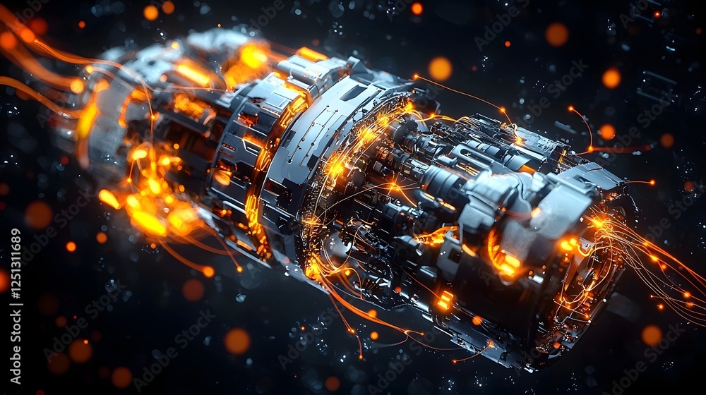 Poster futuristic robotic parts glowing wires and circuit components floating in an abstract dynamic and su