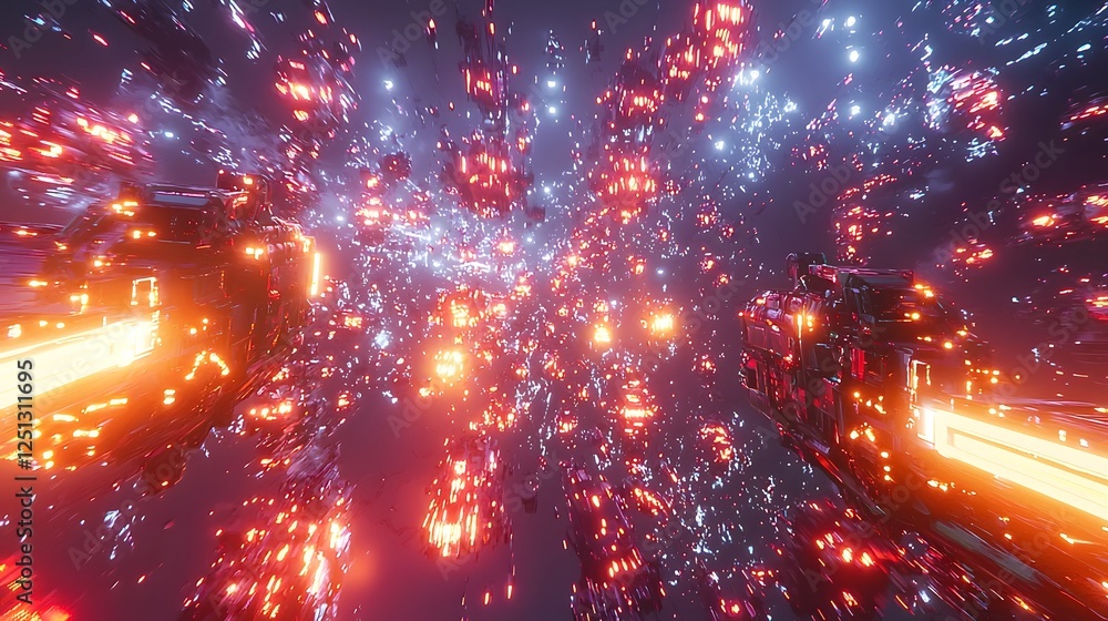 Poster mesmerizing abstract visual of dynamic neon lit digital robotic elements and particles moving throug