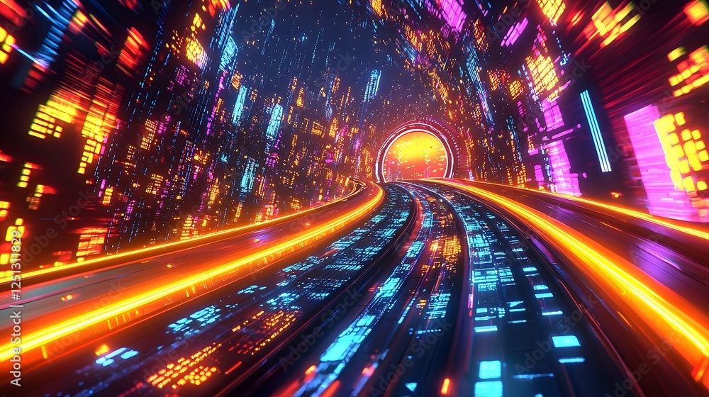 Poster neon lit digital robotic elements moving through a vibrant abstract cityscape with dynamic lighting 