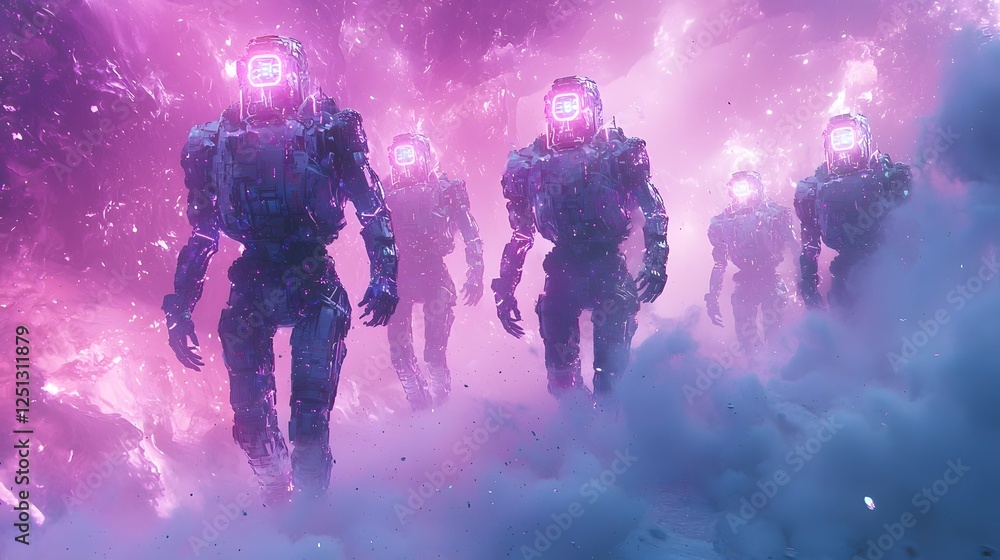 Poster futuristic digital robotic elements glowing with neon light and moving fluidly through a vibrant abs