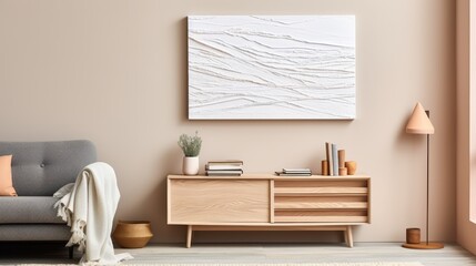 Modern Minimalist Sideboard with Abstract Painting and Cozy Living Room Decor Enhancing Interior Aesthetics and Warmth in Neutral Tones