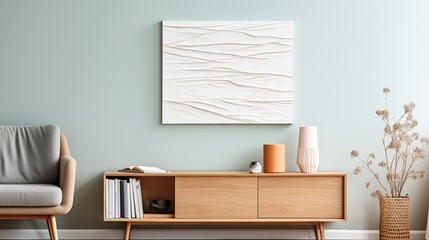 Contemporary Minimalist Painting Displayed Above Modern Sideboard in Stylish Living Room Setting with Soft Green Wall and Natural Decor